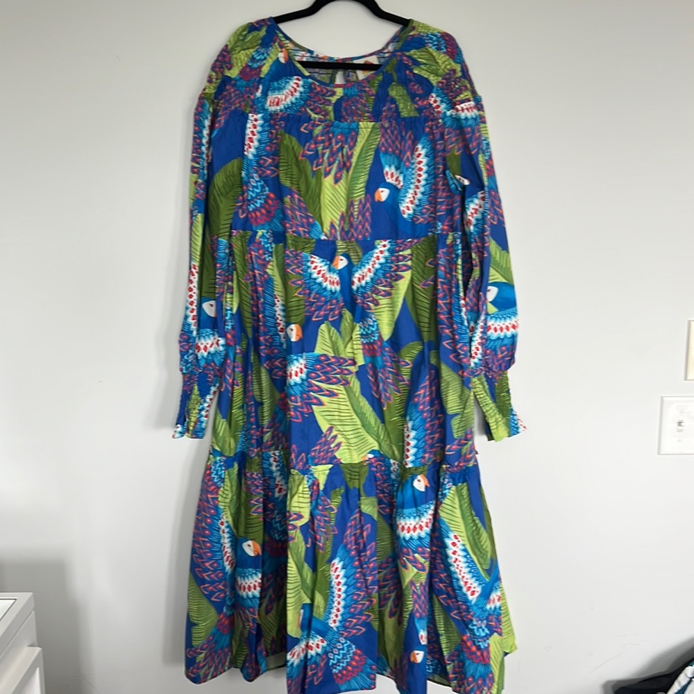 Farm rio Xl maxi dress. Blue birds w green palms. Tiered. Smocked neck & wrists